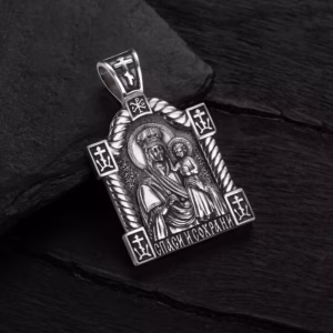 Срібна ладанка з чорнінням «Божа Матір з Немовлям» з молитвою «Отче наш»
