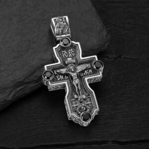 Натільний православний хрест зі срібла 925 проби з чорними фіанітами чоловічий