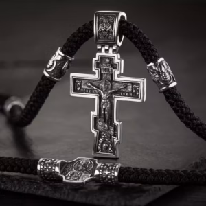 Чоловічий срібний комплект 925 великий хрест з розп’яттям 70 мм і шнурок Отче наш 4 мм, православний оберіг