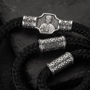 Шнурок на шию текстильний із срібними вставками з іконкою довгий