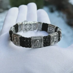 Чоловічий срібний браслет 925 з ликами святих на шнурах, масивний православний браслет