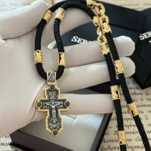 Чоловічий срібний комплект 925 хрест з цирконієм з позолотою та шнурок з ликами святих, православний оберіг