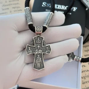 Чоловічий срібний комплект 925 хрест Архангел Михаїл і шнурок Псалом 90 повна молитва, православний оберіг
