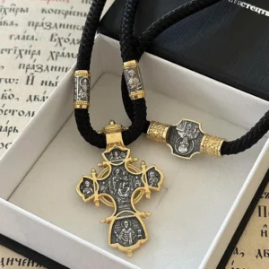 Православний хрест Розп’яття Христове зі срібла 925 з позолотою на шнурку з ликами святих